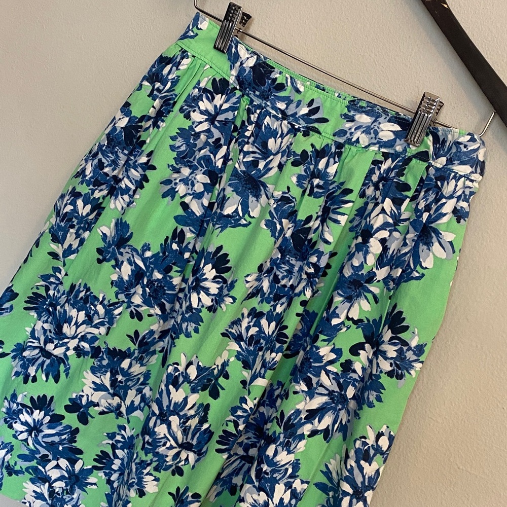 J. Crew Green&Blue Photo Floral Patio Midi A-Line Skirt. Side Pockets. 50s Inspo